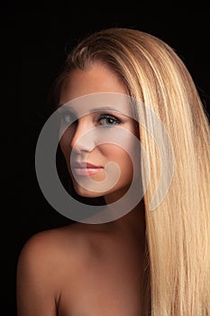 Beautiful young blonde green eyes woman with long straith health