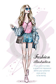 Beautiful young blonde hair woman with bag. Hand drawn fashion girl. photo