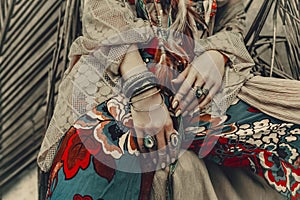 Beautiful young boho gypsy style woman outdoors close up