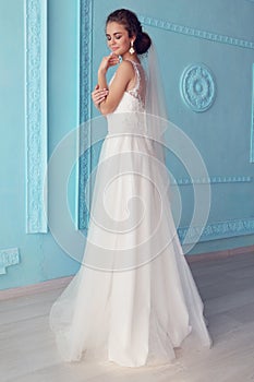 Beautiful young bride with dark curly hair in luxurious wedding dress posing at room