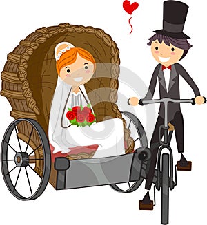 Beautiful young bride and groom couple in Carriage on wedding day cartoon in a flat style design