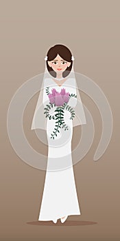 A beautiful young bride in white dress and with the bride`s bouquet