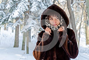 Beautiful young brunette in a brown fur coat, in the park on a frosty winter day