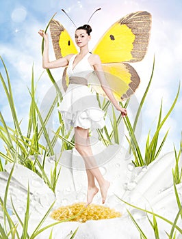 Bellissimo giovane donna come farfalla sul primavera margherita 