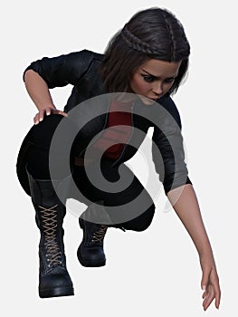 Beautiful young brunette woman crouching and picking something up off the floor on an isolated white background