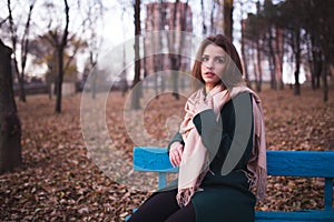 Beautiful young brunette woman sitting on a bench in autumn park