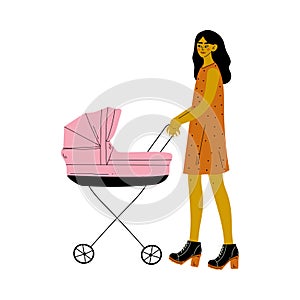 Beautiful Young Brunette Woman Walking with Her Newborn Baby in Pink Pram Vector Illustration