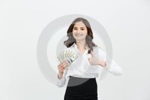 Beautiful young business woman with dollar bills on white background