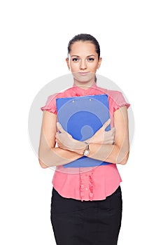 Beautiful young business woman holding clipboard