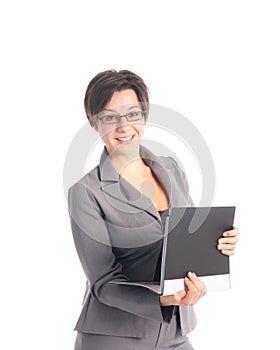 Beautiful young business woman holding a portfolio