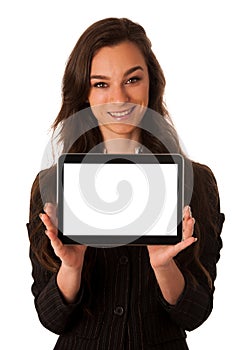 Beautiful young business woman showing tablet with screen for co