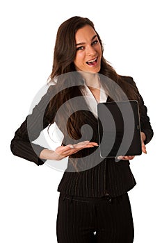 Beautiful young business woman showing tablet with screen for co
