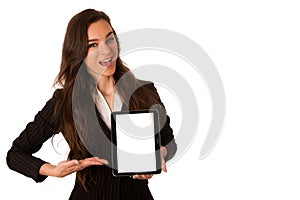 Beautiful young business woman showing tablet with screen for co