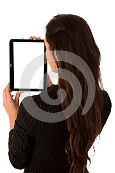 Beautiful young business woman showing tablet with screen for co