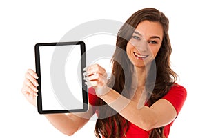 Beautiful young business woman showing tablet with screen for co