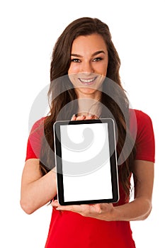 Beautiful young business woman showing tablet with screen for co