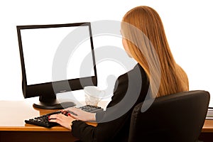 Beautiful young business woman works in office with big copy spa