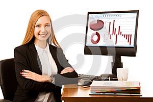 Beautiful young business woman works in office with big copy spa