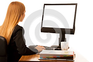 Beautiful young business woman works in office with big copy spa