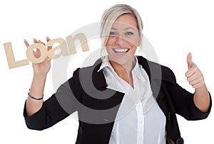 Beautiful young businesswoman is happy with loan