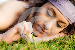 Beautiful young caucasian girl at the park