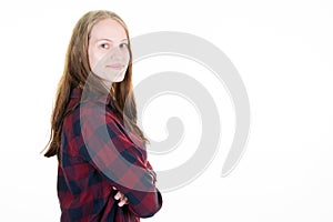 Beautiful young caucasian woman portrait rear back side aside copy space on white background