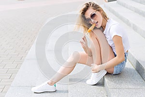 Beautiful young cheerful happy girl eating ice cream , smiling in shorts and a white T-shirt on the area on a bright sunny day