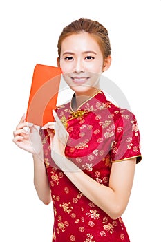 Beautiful young chinese woman holding red bag