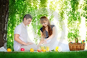 Beautiful Young Couple Having Picnic in Countryside. Happy Family Outdoor. Smiling Man and Woman relaxing in Park. Relationships