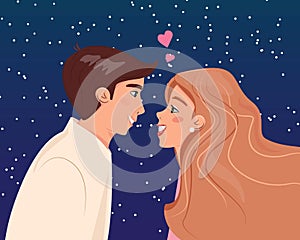 Beautiful young couple in love. Profile of woman and man in love. Happy Valentines day.