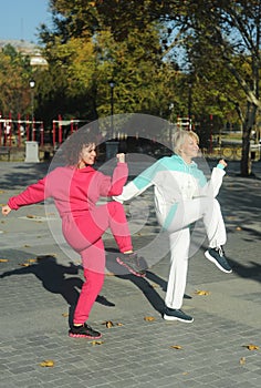 Beautiful young curly hair woman in pink sportswear and middle age 50s woman doing sports outdoors.