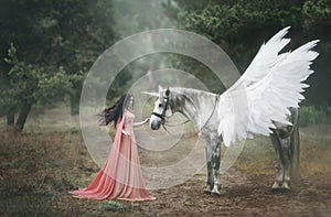 Hermoso joven unicornio en Bosque ella es un Vestido en largo tiempo naranja ropa manto. penacho hermoso 