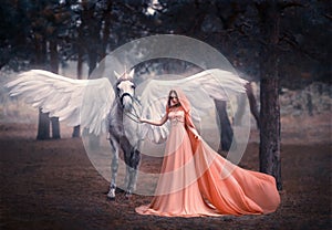 Beautiful, young elf, walking with a unicorn. She is wearing an incredible light, white dress. Art hotography