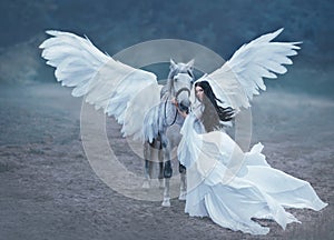 Beautiful, young elf, walking with a unicorn. She is wearing an incredible light, white dress. Art hotography