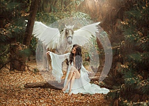 Beautiful, young elf, walking with a unicorn. She is wearing an incredible light, white dress. Art hotography