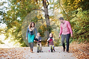 Beautiful young family with small twins on a walk in autumn forest.