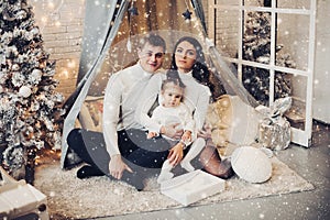 Beautiful young family under baldachin. Christmas decorations.