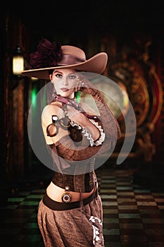 Beautiful young fantasy Steampunk woman posing in front of a large vintage clock. 3D illustration
