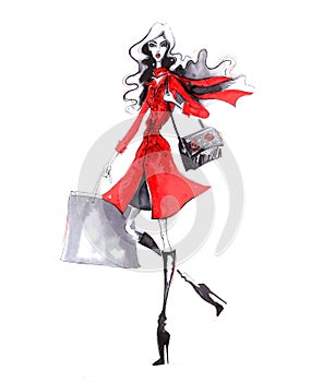 Beautiful young fashion girl. Stylish woman in fashion clothes. Hand drawn girl.