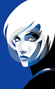 Beautiful young fashion woman with blond hair and blue eyes, minimalism. Abstract female portrait, contemporary design