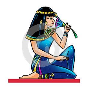 Beautiful young girl Ancient Egypt sitting lotus flower story clipart cartoon illustration