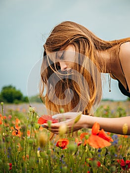 A beautiful young girl in a black evening gown bent over to smell the fragrance of a flower in a poppy field