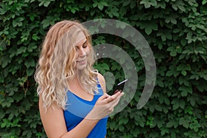 Beautiful young girl in a blue dress typing a message on the phone. Against the background of wild grapes, summer day. Copy space