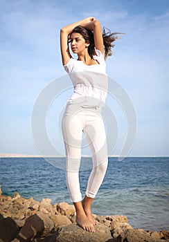 Beautiful young girl face portrait, brown hair and nice smile, fashion model look