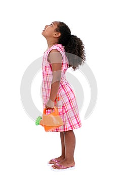 Beautiful Young Girl With Flower Watering Can Looking Up