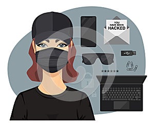 Beautiful Young Girl Hacker in Data Security Concept. You Have Been Hacked. Black Cap, Glasses, Mask, Laptop, Phone, Paper Clips,