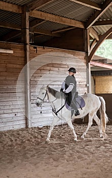 beautiful young girl on her white pony during her riding lesson