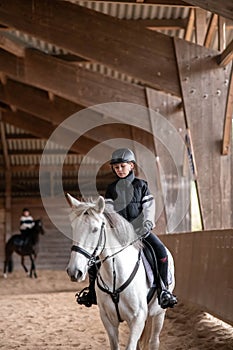 beautiful young girl on her white pony during her riding lesson