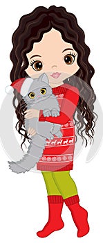Beautiful Young Girl Holding Cat. Vector Christmas Girl with Cat
