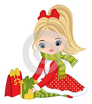 Beautiful Young Girl Holding Christmas Gift Boxes. Vector Christmas Girl